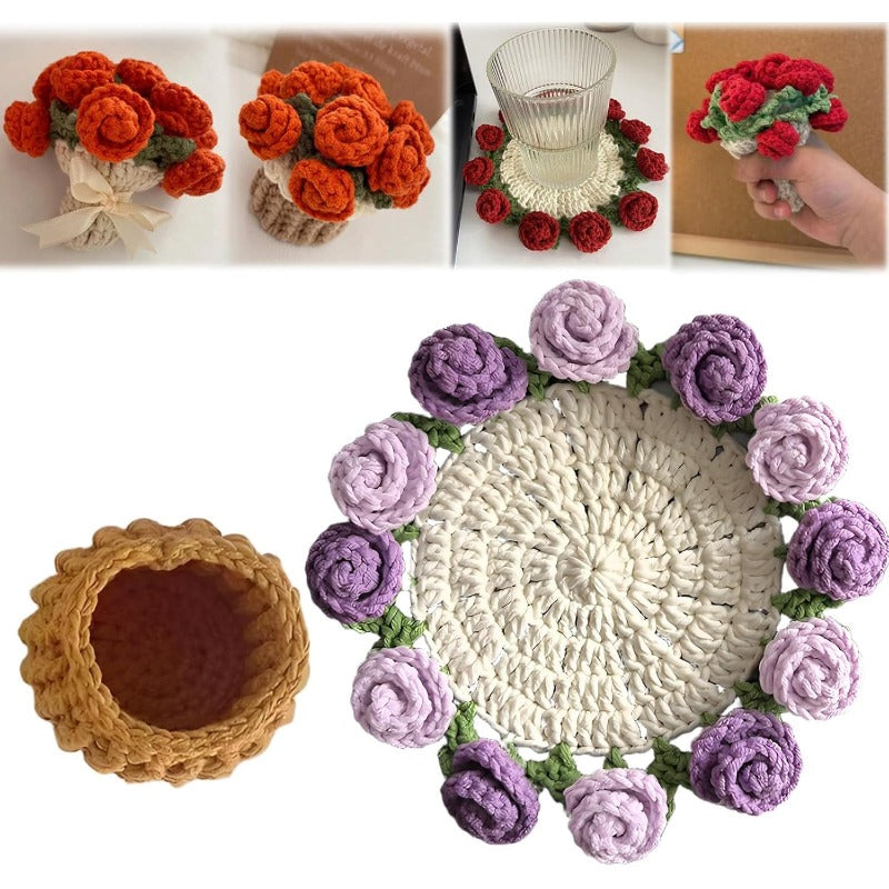 Hand-Crocheted Rose Coaster Set – 3-in-1 Blooming Basket for Home & Gifting