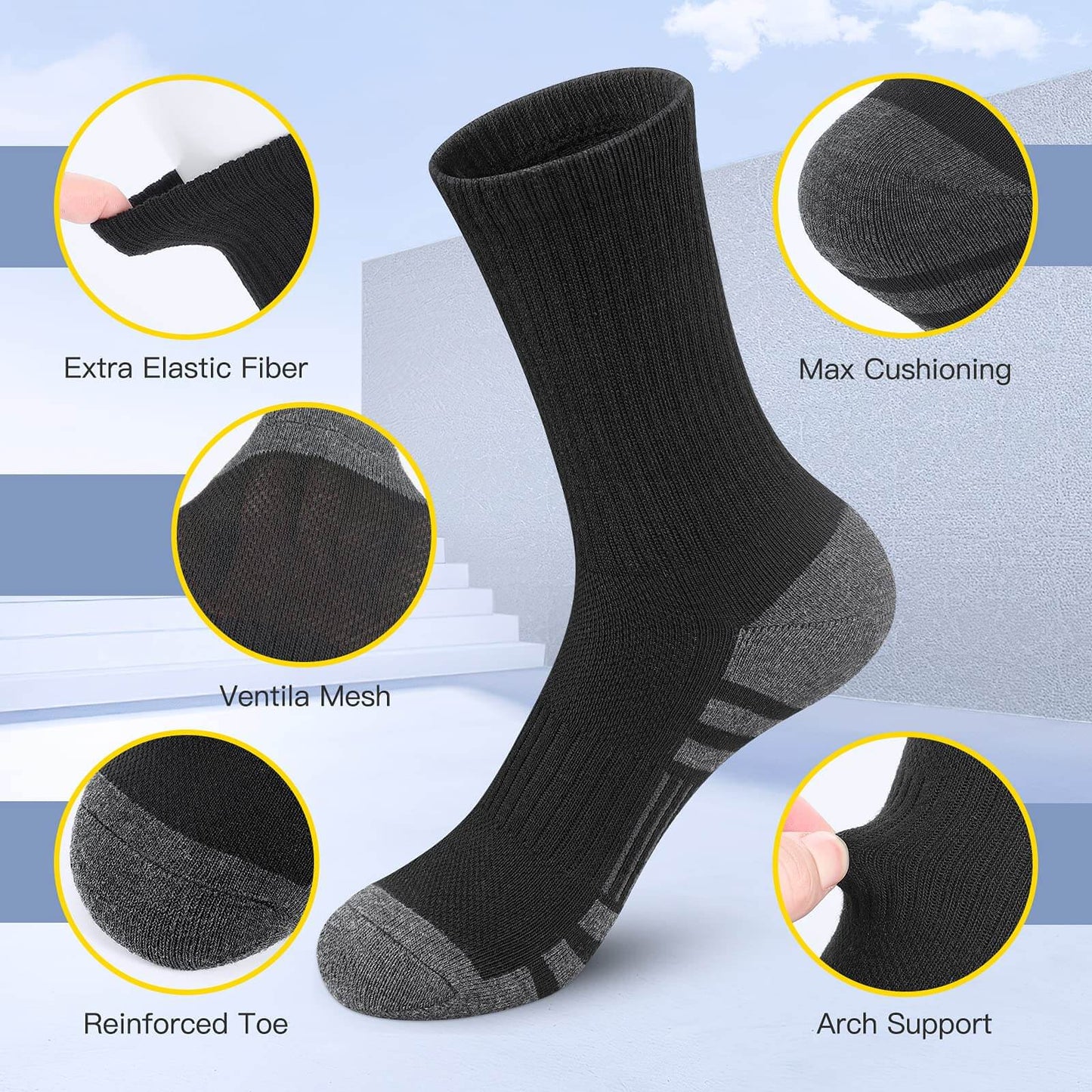 QD Men's Breathable Crew Socks One Size 6 Pairs